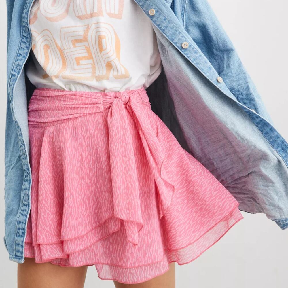 Aerie Pink Chiffon Wrap Mini Skirt Flowy Tiered New Womens Medium - Picture 1 of 11